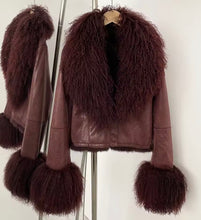 Load image into Gallery viewer, Wine Mongolian fur trim leather fur lined jacket
