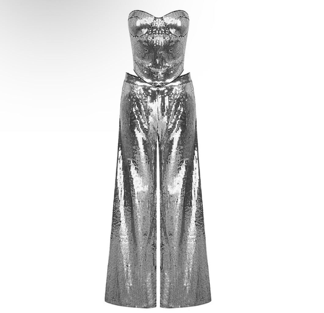 Silver sequin pant set