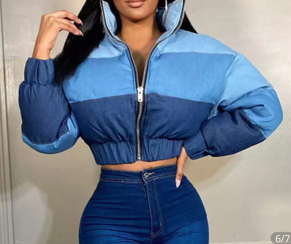 Shades of denim puffer jacket