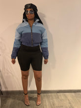 Load image into Gallery viewer, Shades of denim puffer jacket
