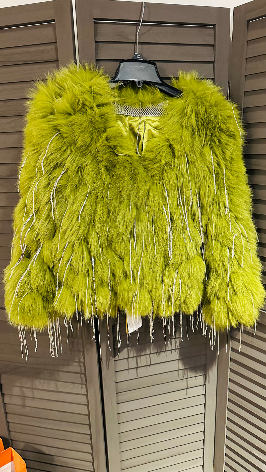 Avocado green fur bling jacket