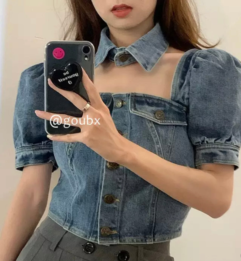 Denim puff top